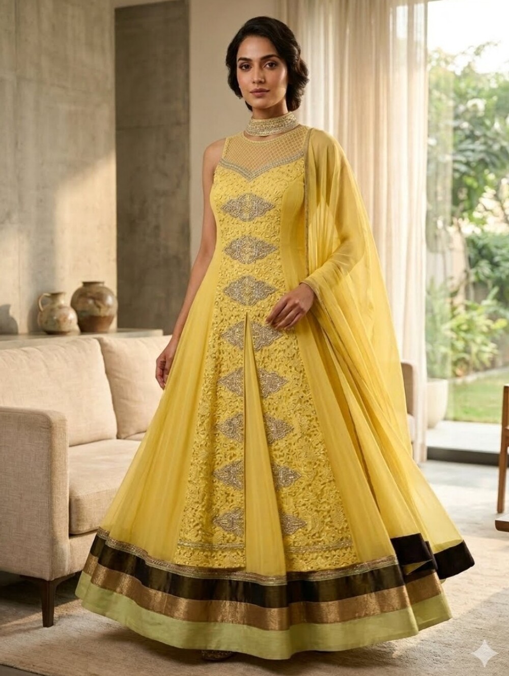 Designer Yellow crochet lace and diamond Zardozi 2 way Anarkali Gown XS